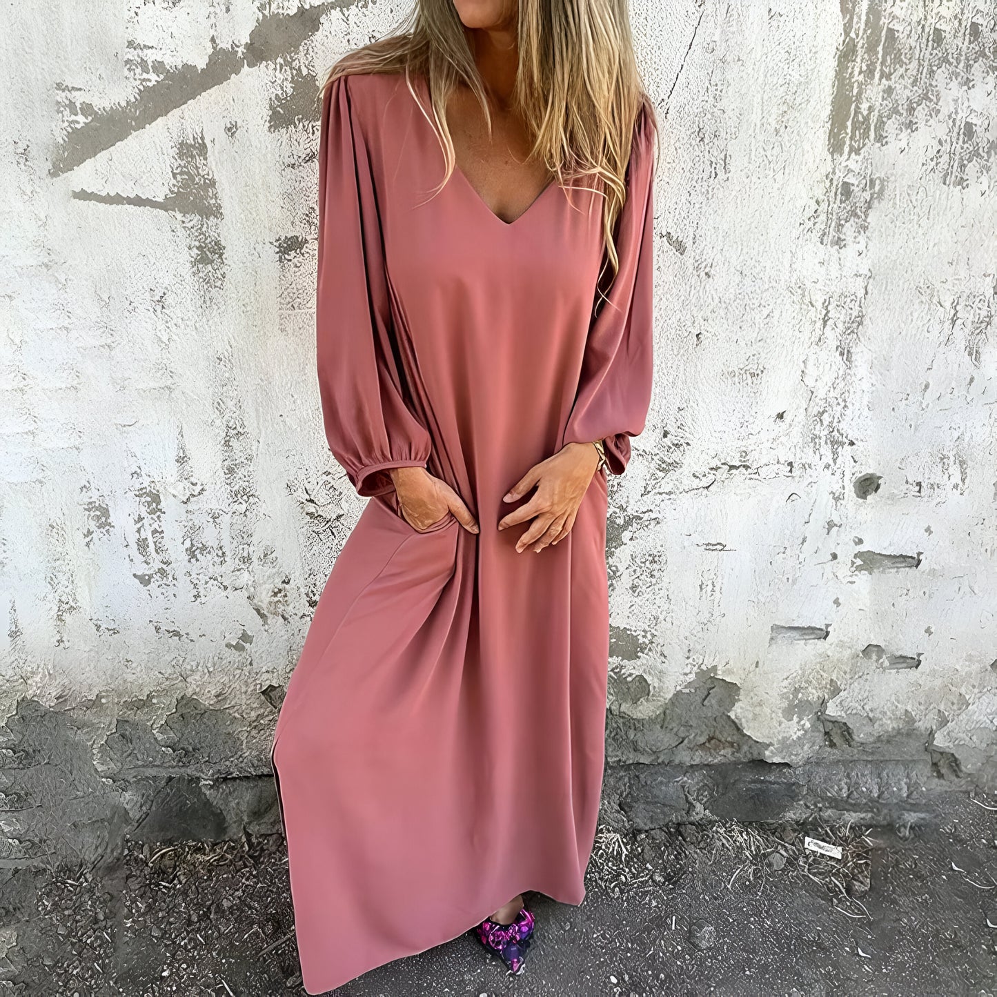 Smilla™ – Lång Boho Klänning med Fickor
